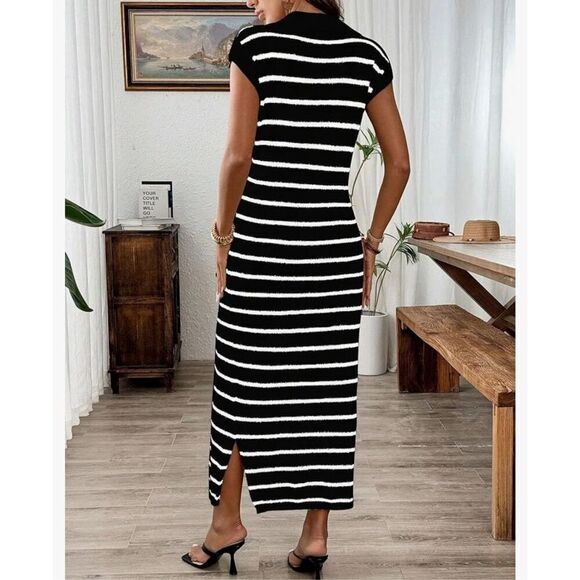 NEW Black White Striped Sweater Maxi Dress XL - Picture 2 of 4